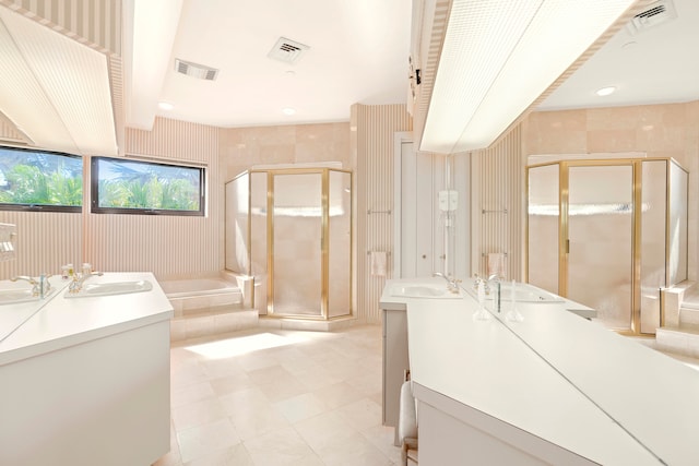 bathroom featuring vanity and separate shower and tub