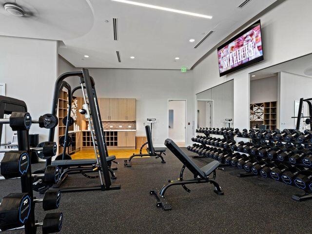 workout area featuring a high ceiling