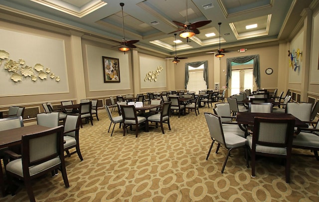 dining space with light carpet, coffered ceiling, crown molding, ceiling fan, and beamed ceiling