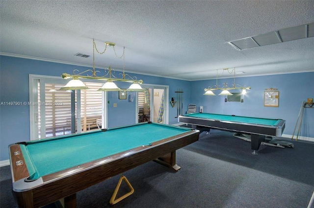 rec room with a textured ceiling, pool table, carpet, and crown molding