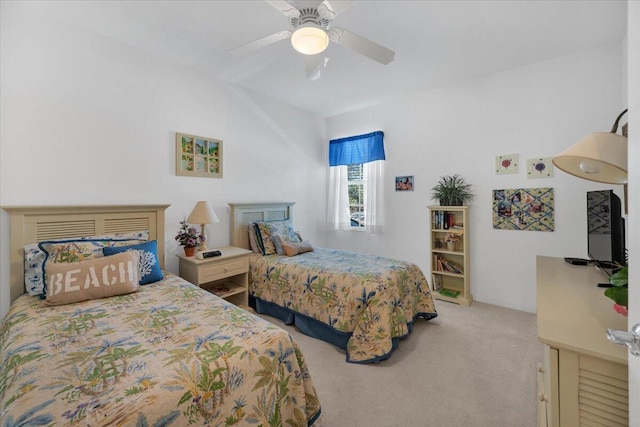 bedroom with light colored carpet and ceiling fan