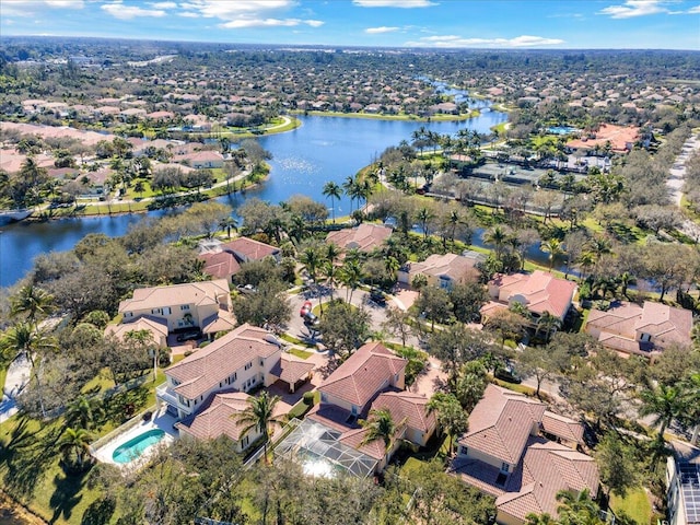 bird's eye view with a water view