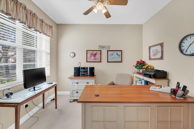 carpeted office space featuring ceiling fan