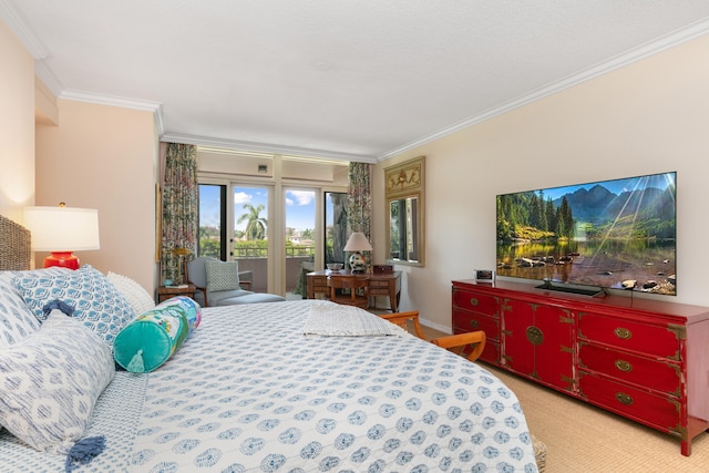 bedroom featuring crown molding, light carpet, and access to outside