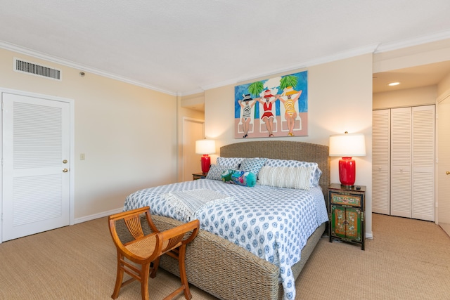 bedroom with light carpet, crown molding, and a closet