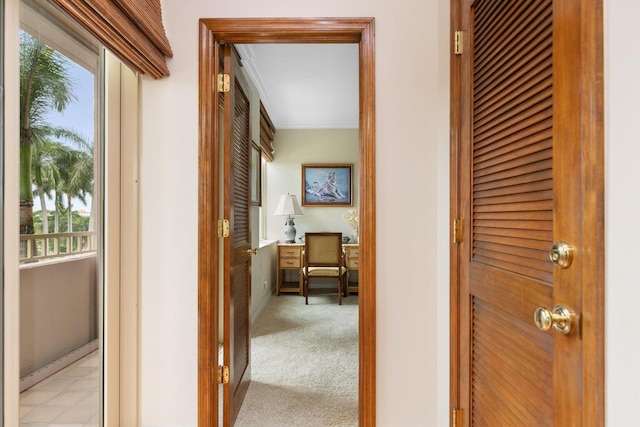 corridor with crown molding, light colored carpet, and a healthy amount of sunlight