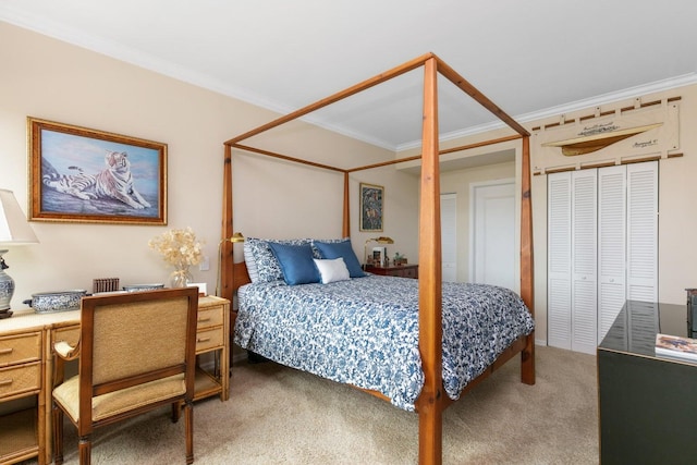 carpeted bedroom featuring crown molding