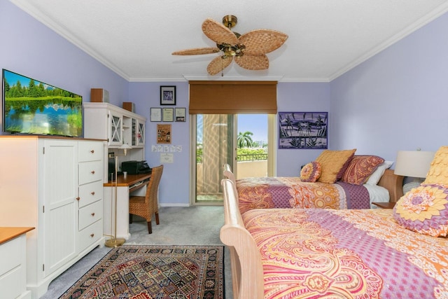 bedroom with light carpet, crown molding, access to exterior, and ceiling fan