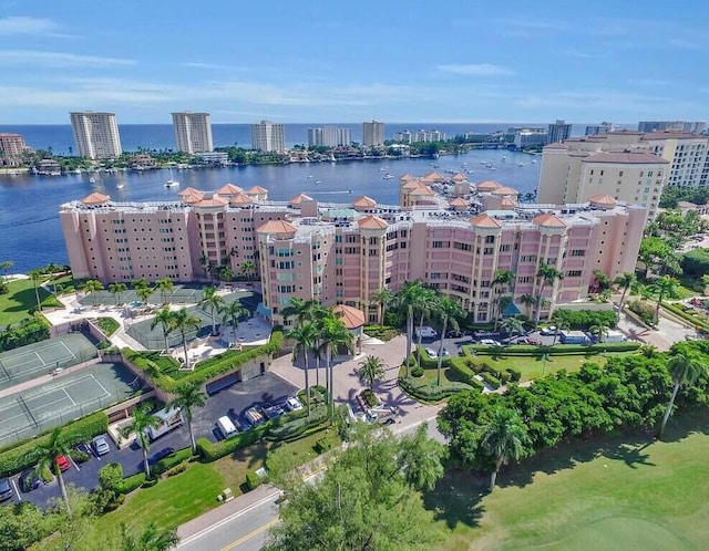 aerial view featuring a water view