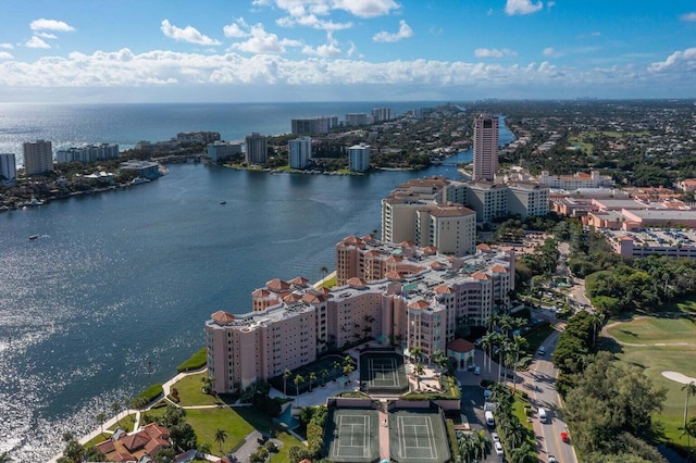 bird's eye view with a water view