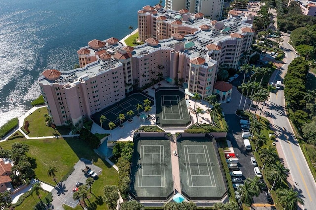 bird's eye view with a water view