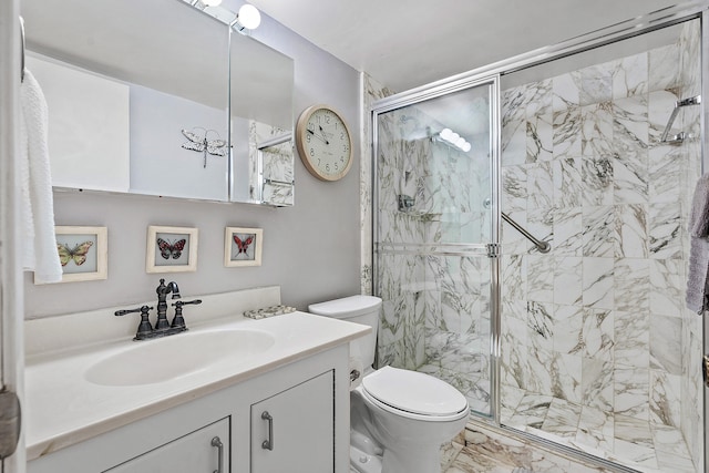 bathroom featuring walk in shower, toilet, and vanity