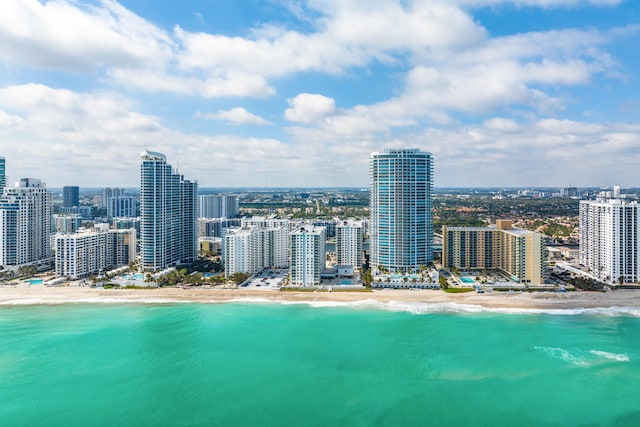 drone / aerial view with a water view and a view of the beach