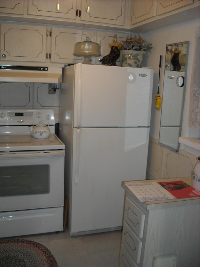 kitchen featuring backsplash, range hood, white appliances, and light tile floors