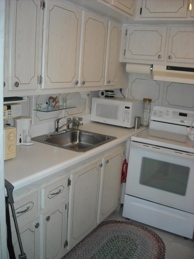 kitchen featuring fume extractor, light tile floors, white appliances, and sink