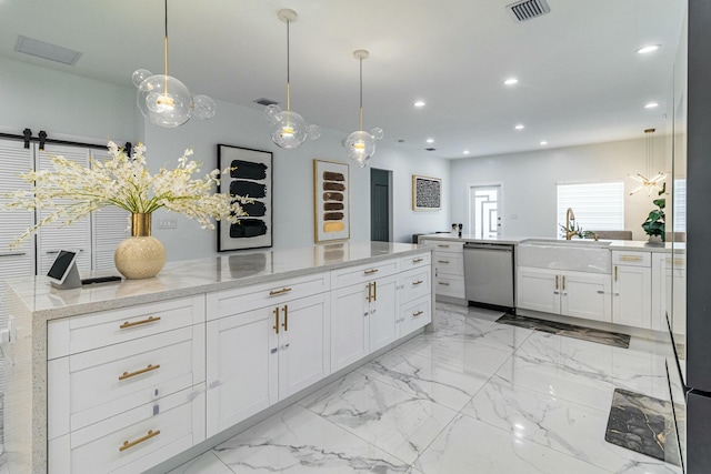 kitchen featuring visible vents, dishwasher, marble finish floor, a sink, and recessed lighting