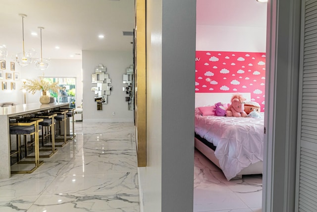 interior space with visible vents, baseboards, marble finish floor, a chandelier, and recessed lighting