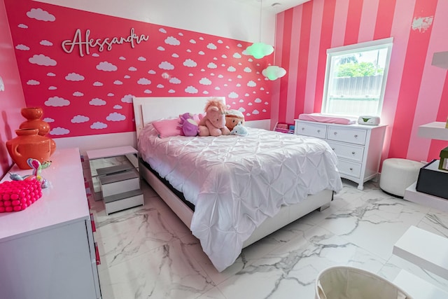 bedroom with marble finish floor, baseboards, and wallpapered walls