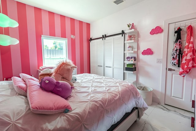 bedroom featuring marble finish floor and visible vents