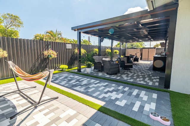 view of patio / terrace with central AC unit, a fenced backyard, an outdoor living space, and a pergola