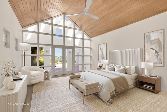 carpeted bedroom featuring access to outside, high vaulted ceiling, french doors, and wooden ceiling