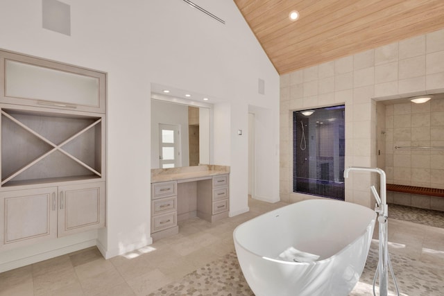 bathroom featuring vanity, tile walls, a washtub, tile flooring, and wooden ceiling