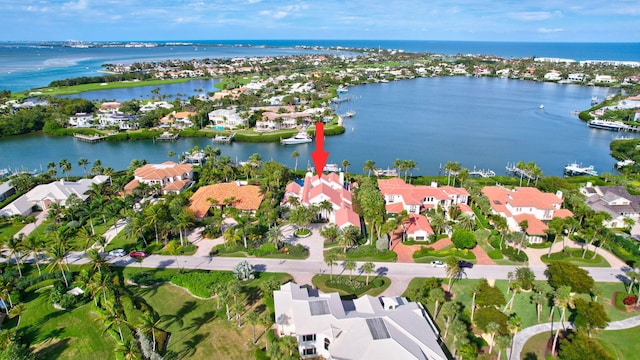 aerial view featuring a water view