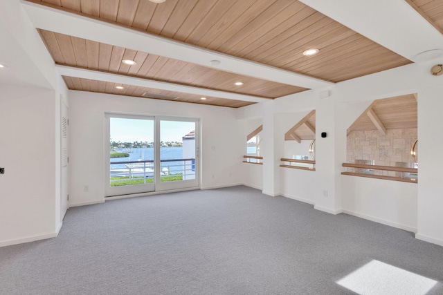 unfurnished room featuring light carpet, wooden ceiling, and beamed ceiling