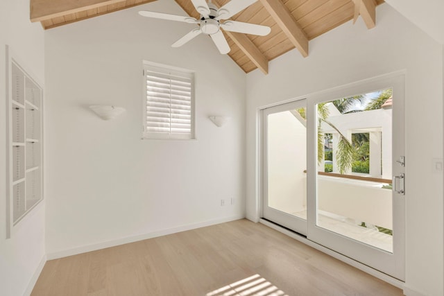 unfurnished room with wooden ceiling, ceiling fan, vaulted ceiling with beams, and light hardwood / wood-style flooring