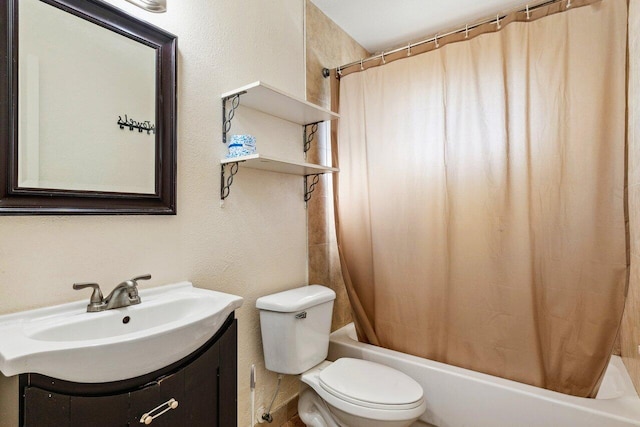 full bathroom with toilet, vanity, and shower / bath combination with curtain