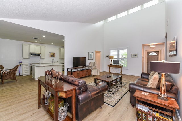 living room featuring high vaulted ceiling, a textured ceiling, and light hardwood / wood-style flooring