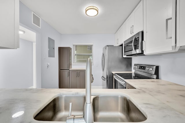 kitchen with electric panel, stainless steel appliances, white cabinetry, and sink