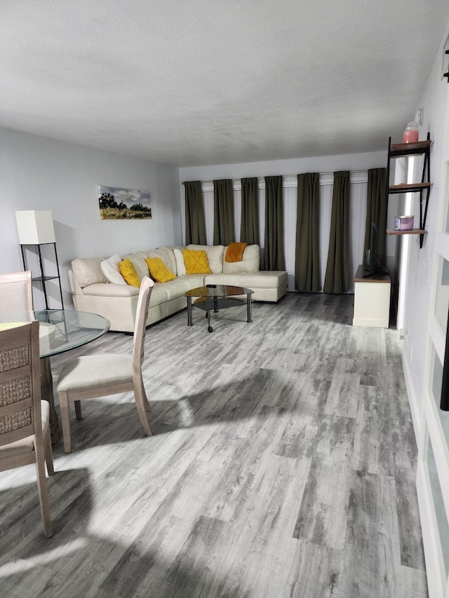 living room with hardwood / wood-style floors and a textured ceiling