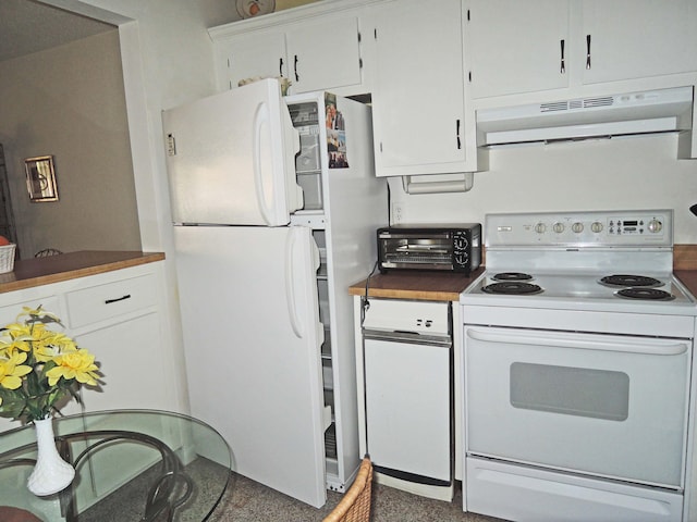 kitchen featuring white appliances and white cabinetry