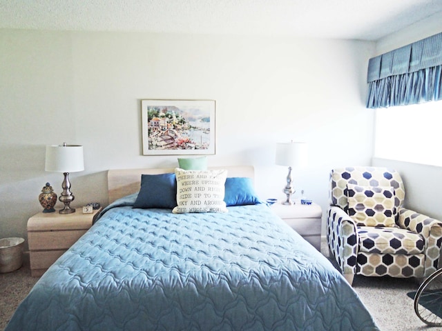 carpeted bedroom with a textured ceiling