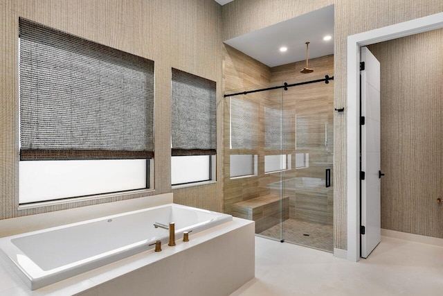 bathroom featuring plus walk in shower