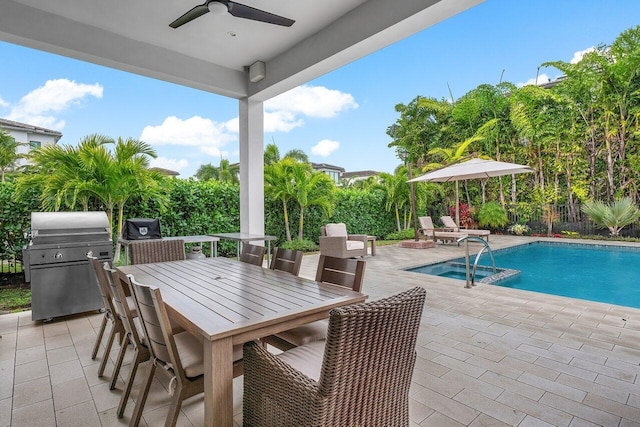 view of swimming pool with grilling area, a patio area, and ceiling fan