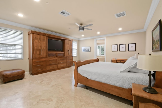 bedroom featuring ceiling fan and ornamental molding