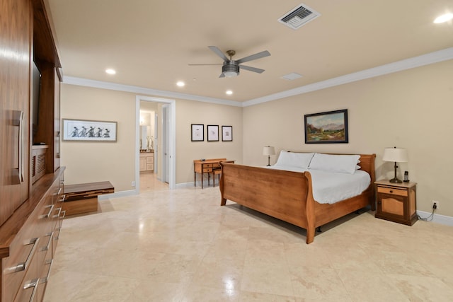 bedroom with ensuite bathroom, ornamental molding, and ceiling fan