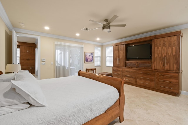 bedroom featuring crown molding and ceiling fan