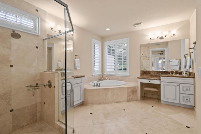 bathroom with vanity and plus walk in shower