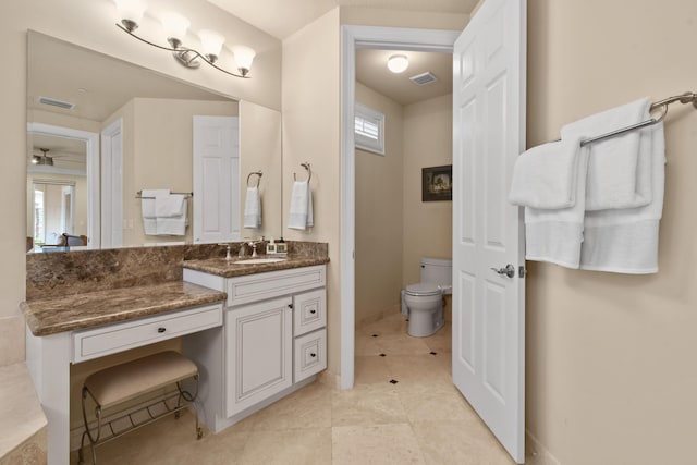 bathroom with ceiling fan, vanity, toilet, and tile patterned floors