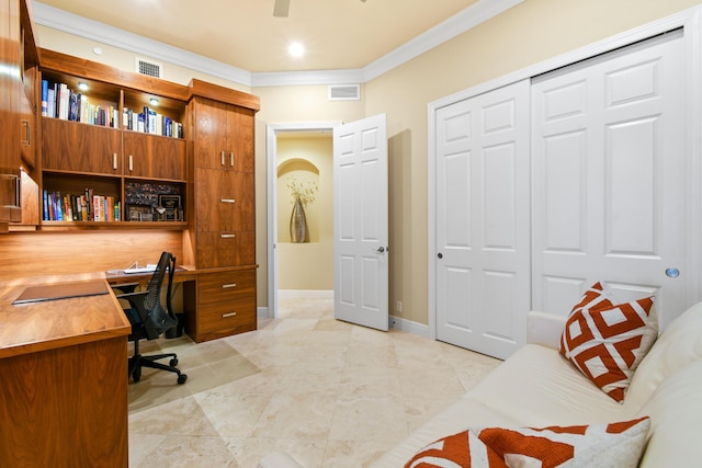 office with crown molding and ceiling fan