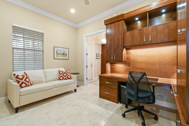 office space featuring crown molding and ceiling fan