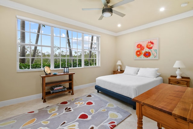 bedroom featuring light tile patterned flooring, ceiling fan, and ornamental molding