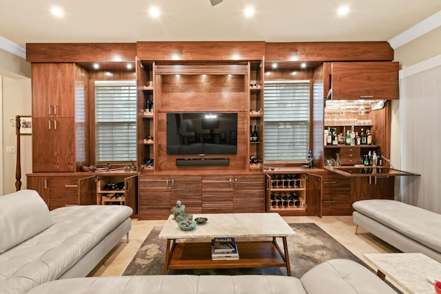 living room with indoor bar