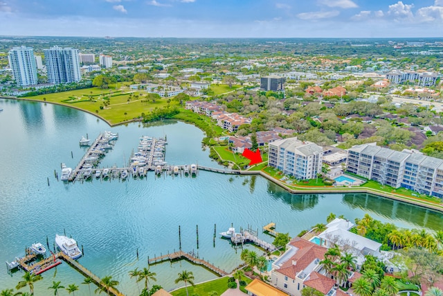 drone / aerial view with a water view