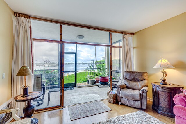 living room with a water view, expansive windows, and light wood-type flooring