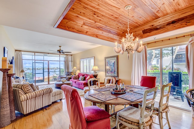 dining space with light wood-type flooring, ceiling fan with notable chandelier, a wall of windows, and wooden ceiling