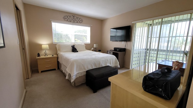 bedroom with light colored carpet